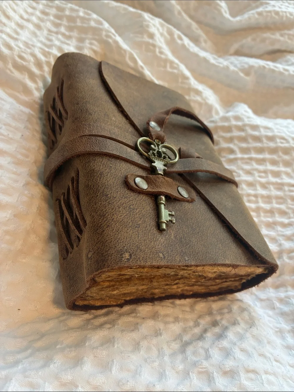 Vintage-Style Brown Leather Journal with Key Charm
